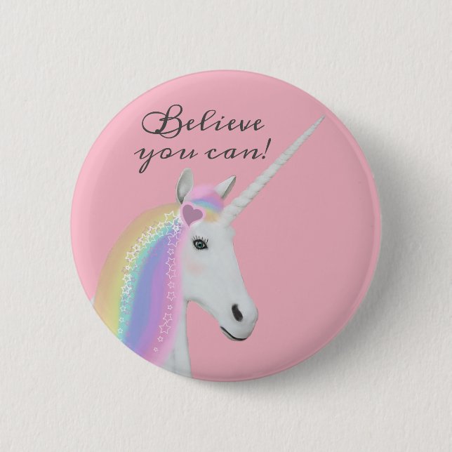 Cute Rainbow Unicorn Believe Pink Round Button (Front)