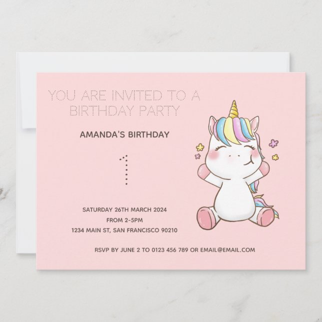 Cute Rainbow Unicorn Birthday Party Invitation (Front)
