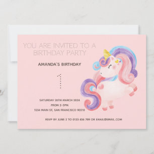 Cute Rainbow Unicorn Birthday Party Invitation