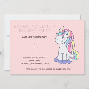 Cute Rainbow Unicorn Birthday Party Invitation