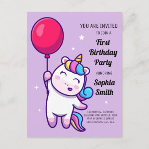 Cute Rainbow Unicorn Birthday Party Invitation Postcard