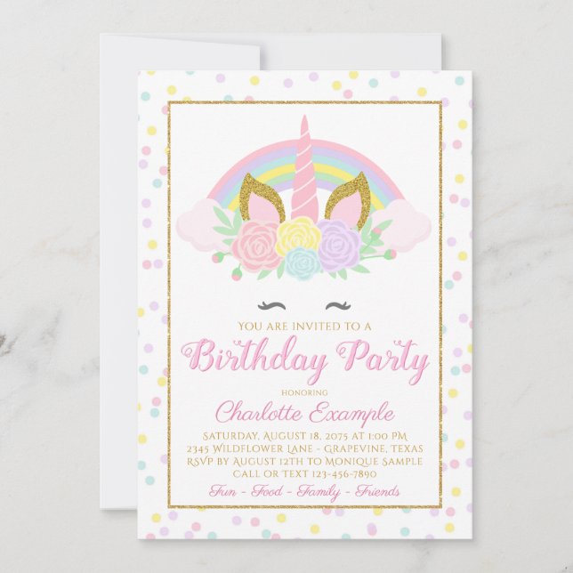 Cute Rainbow Unicorn Birthday Party Invitations (Front)