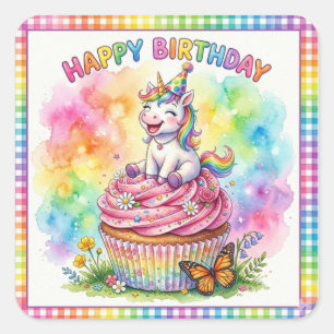 Cute Rainbow Unicorn Cupcake Happy Birthday  Square Sticker