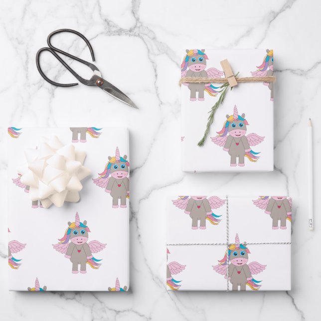 Cute Rainbow Unicorn Design Wrapping Paper Sheet (Front)