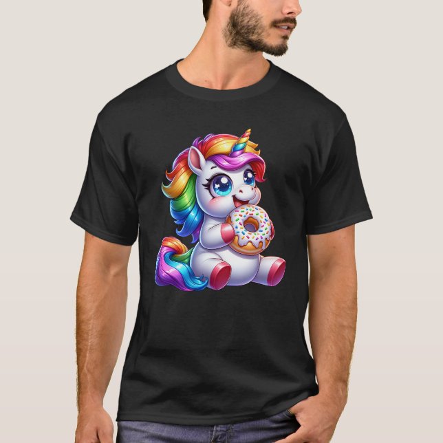 Cute Rainbow Unicorn Eating Doughnut Lover Funny T-Shirt (Front)