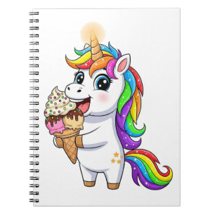 Cute Rainbow Unicorn Eating Ice Cream Cartoon Notebook