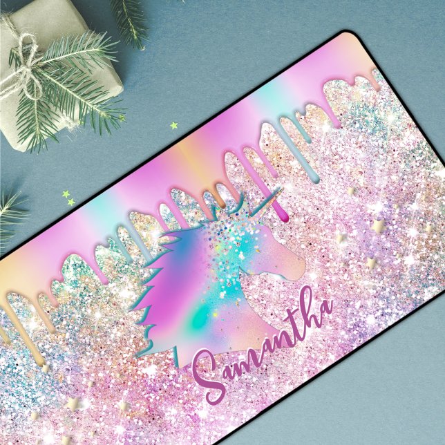 Cute Rainbow unicorn faux Glitter stars monogram Desk Mat (Creator Uploaded)