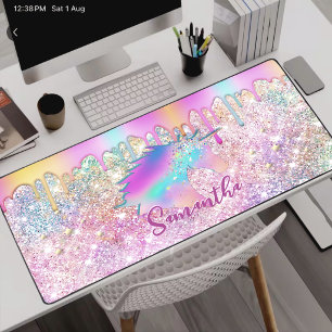 Cute Rainbow unicorn faux Glitter stars monogram Desk Mat
