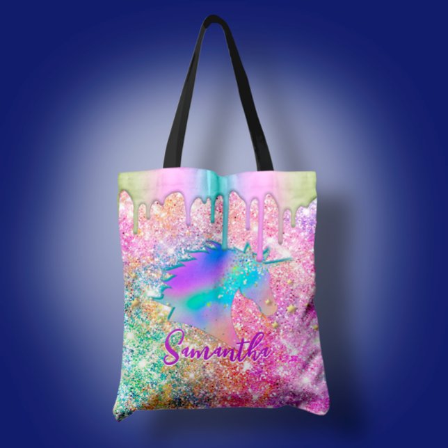 Cute Rainbow unicorn faux Glitter stars monogram Tote Bag (Creator Uploaded)