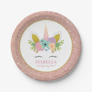 Cute Rainbow Unicorn Faux Rose Gold Kids Birthday Paper Plate