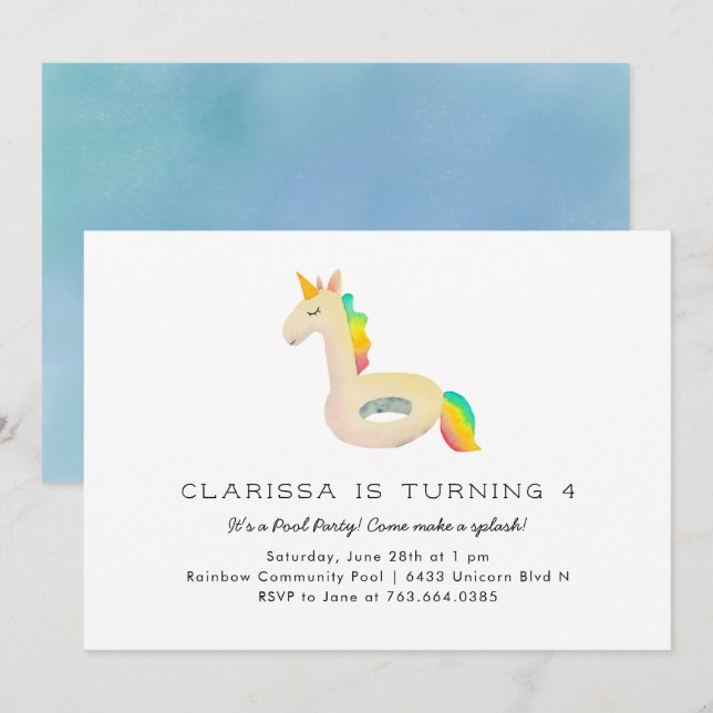 Cute Rainbow Unicorn Floatie Pool Birthday Party Invitation (Front/Back)