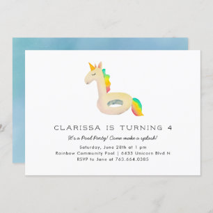 Cute Rainbow Unicorn Floatie Pool Birthday Party Invitation