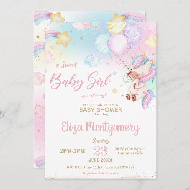 Cute Rainbow Unicorn Girl Baby Shower  Invitation (Front/Back)