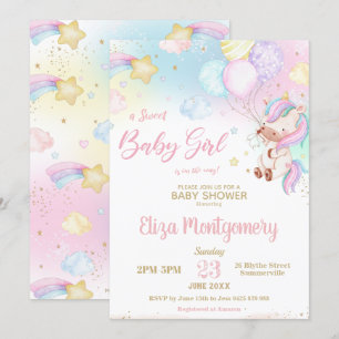Cute Rainbow Unicorn Girl Baby Shower  Invitation