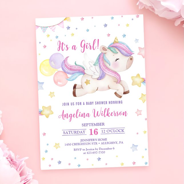 Cute Rainbow Unicorn Girl Baby Shower Invitation (Creator Uploaded)
