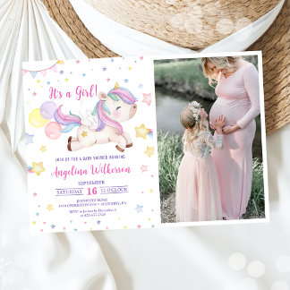 Cute Rainbow Unicorn Girl Baby Shower Photo Invitation