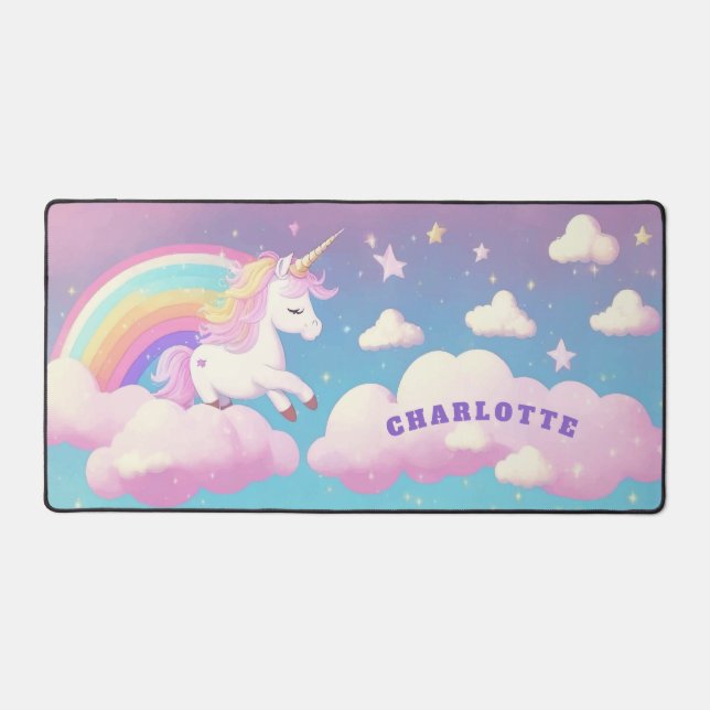 Cute Rainbow Unicorn Girly Personalised Name Desk Mat (Front)