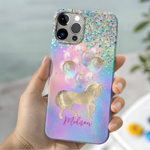 Cute Rainbow unicorn glitter balloons monogram iPhone 11 Pro Case