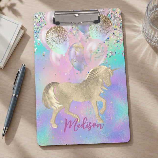 Cute Rainbow unicorn glitter balloons monogram Clipboard (Creator Uploaded)