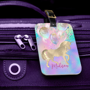 Cute Rainbow unicorn glitter balloons monogram Luggage Tag