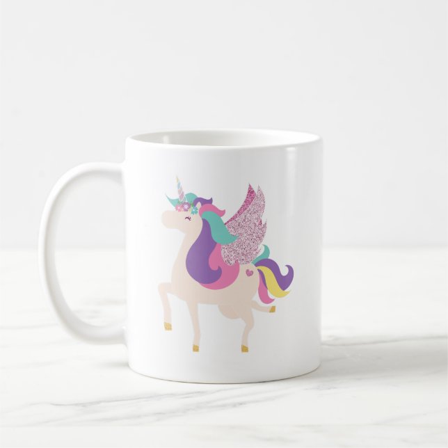 Cute Rainbow Unicorn Glitter Coffee Mug (Left)