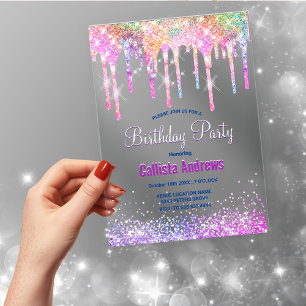 Cute Rainbow unicorn Glitter Drips Birthday  Acrylic Invitations