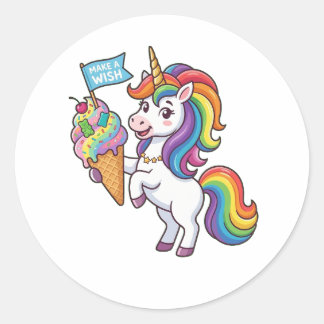 Cute Rainbow Unicorn Holding Ice Cream Make a Wish Classic Round Sticker