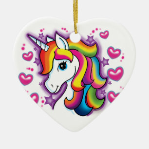 Cute Rainbow Unicorn Horse with Stars Hearts Ceramic Ornament