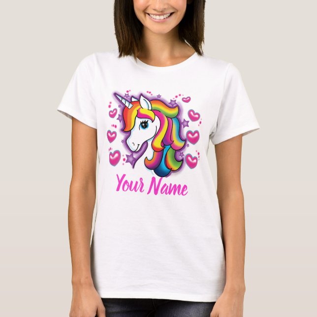 Cute Rainbow Unicorn Horse with Stars Hearts T-Shirt (Front)