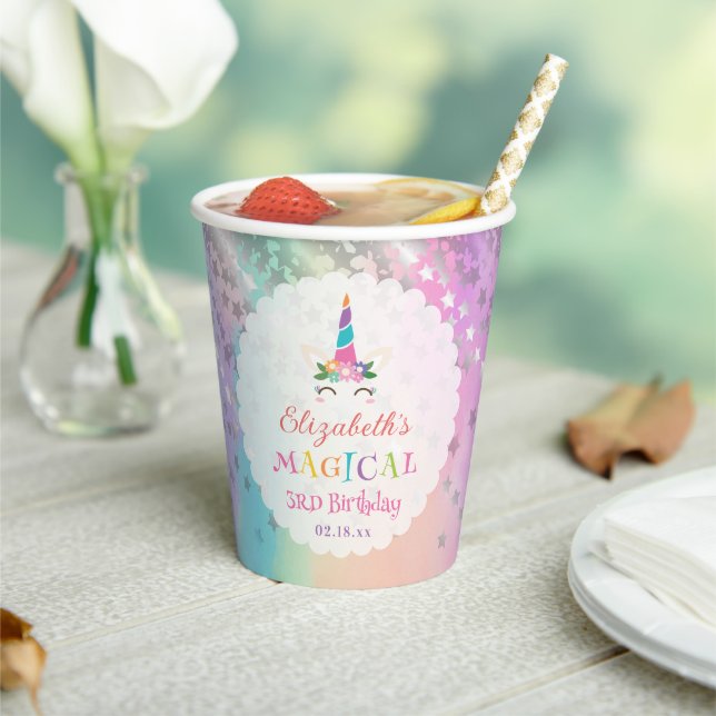 Cute Rainbow Unicorn Magical Birthday Party Paper Cups (Insitu)