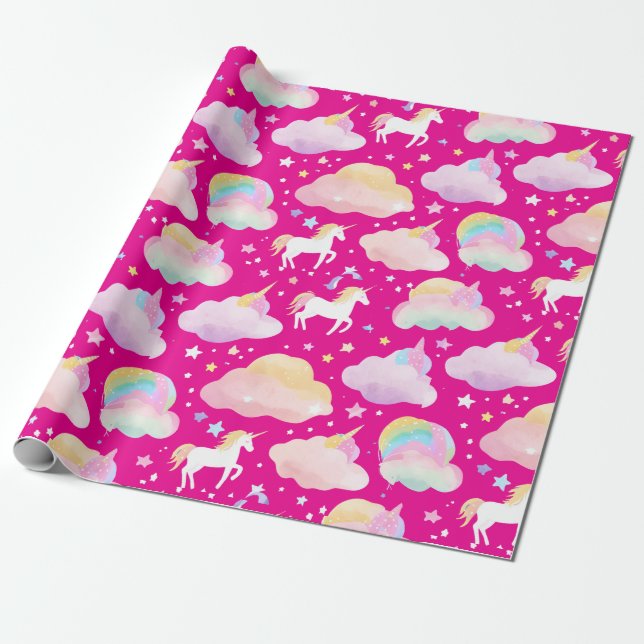 Cute rainbow unicorn magical girly birthday kids wrapping paper (Unrolled)