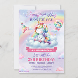 Cute Rainbow Unicorn on a cloud girls 2nd Birthday Invitation