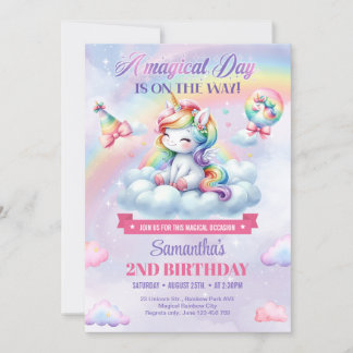 Cute Rainbow Unicorn on a cloud girls 2nd Birthday Invitation