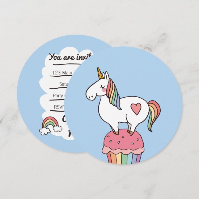 Cute Rainbow Unicorn on Birthday Cupcake Invitation (Front/Back)
