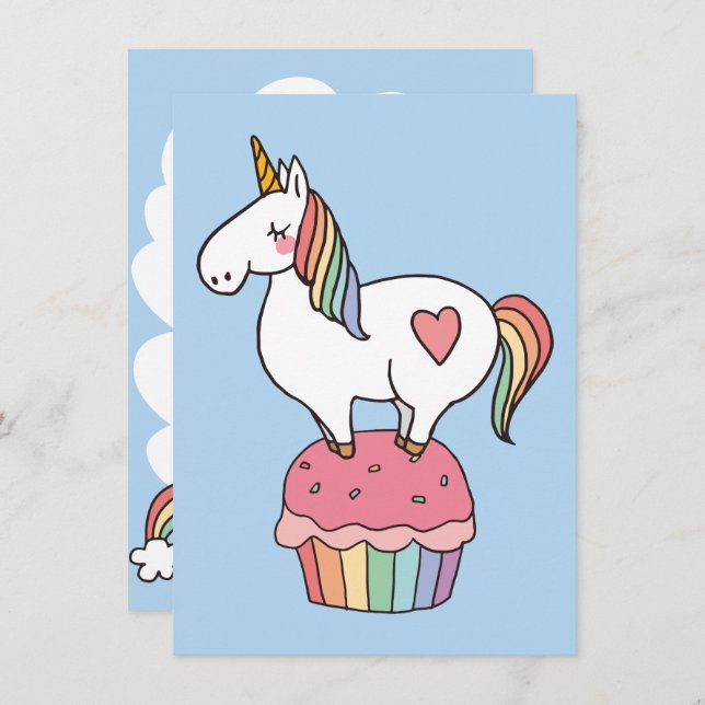 Cute Rainbow Unicorn on Birthday Cupcake Invitation (Front/Back)