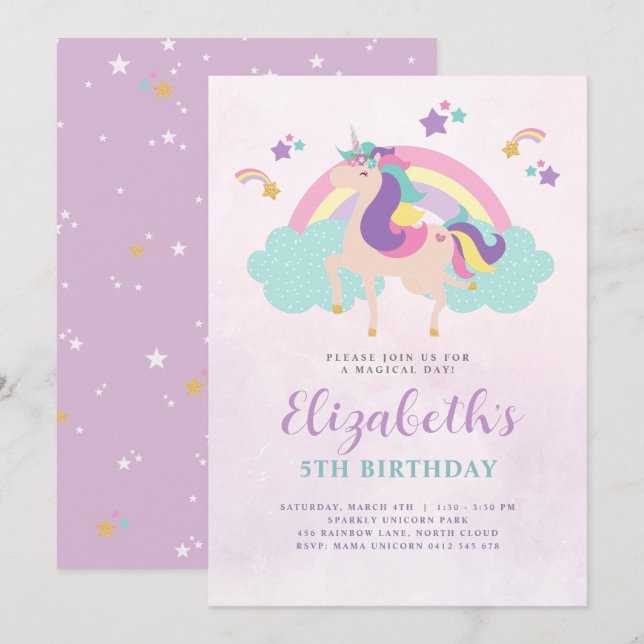 Cute Rainbow Unicorn Personalised Birthday Invitation (Front/Back)