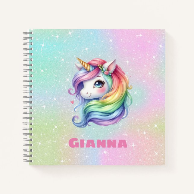Cute Rainbow Unicorn Personalised Name Notebook (Front)