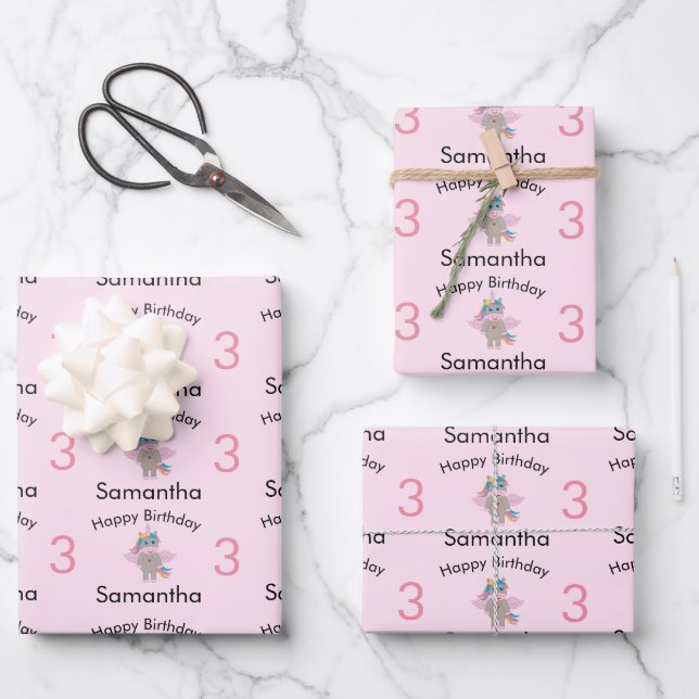 Cute Rainbow Unicorn Pink Girl Name & Age Birthday Wrapping Paper Sheet (Front)