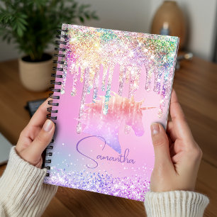 Cute Rainbow unicorn pink Glitter Drips monogram Planner