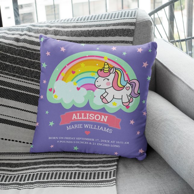 Cute Rainbow Unicorn Purple Birth Stats Cushion (Creator Uploaded)