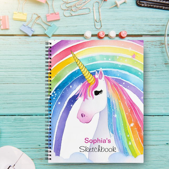 Cute Rainbow Unicorn Sketchbook Monogram Your Name Notebook (Creator Uploaded)