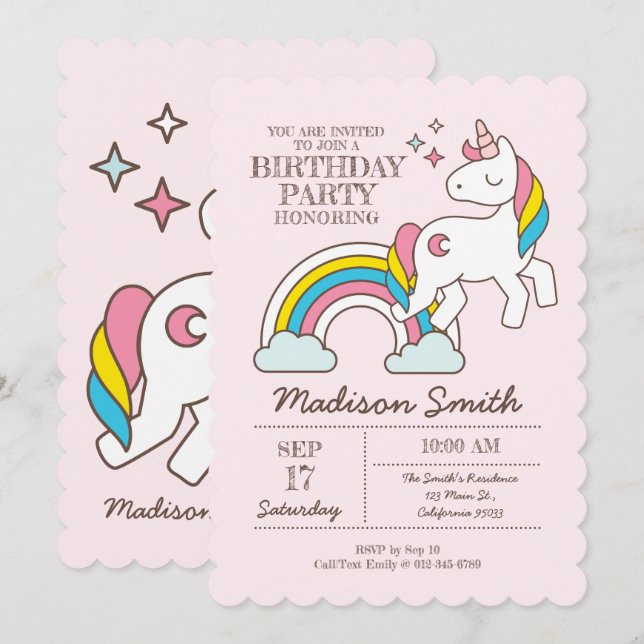 Cute Rainbow Unicorn Sparkles Birthday Invitation (Front/Back)
