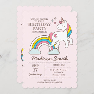Cute Rainbow Unicorn Sparkles Birthday Invitation