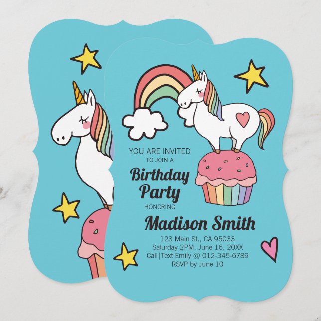 Cute Rainbow Unicorn Stars Hearts Birthday Party Invitation (Front/Back)