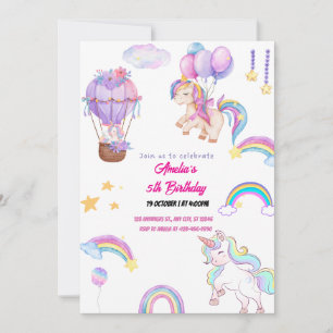 Cute Rainbow Unicorn  Whimsical Girl Party Pink Invitation