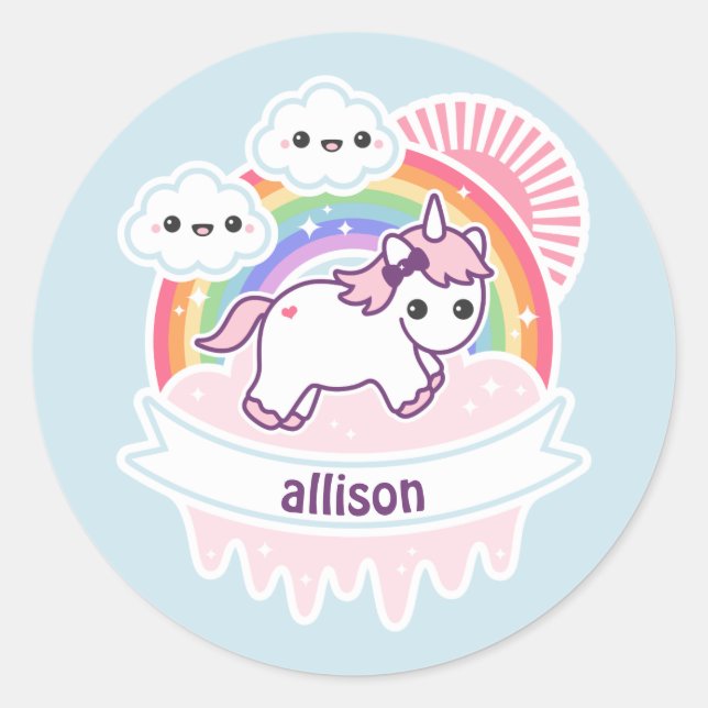 Cute Rainbow Unicorn with Clouds Classic Round Sticker (Front)