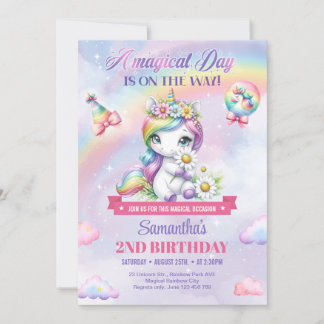 Cute Rainbow Unicorn with flowers 2nd Birthday Invitation