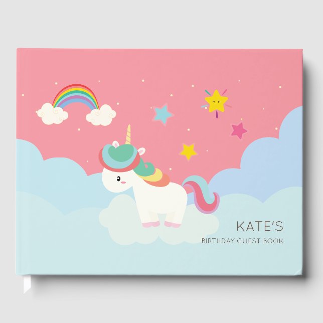 Cute Rainbow Unicorn with Stars. Birthday. Guest Book (Front)