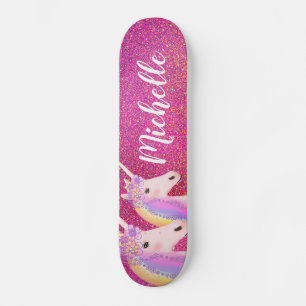 Cute Rainbow Unicorns Pink Glitter Personalised Skateboard