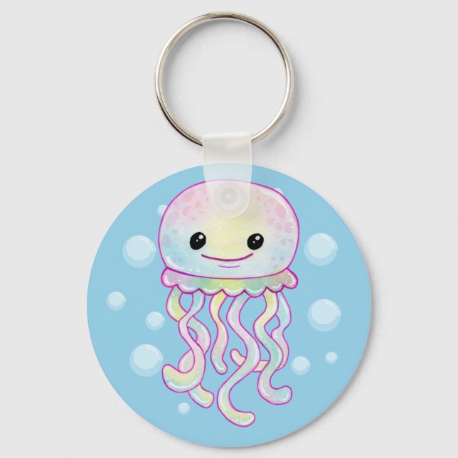 Cute Rainbow Watercolour Jellyfish Key Ring (Front)